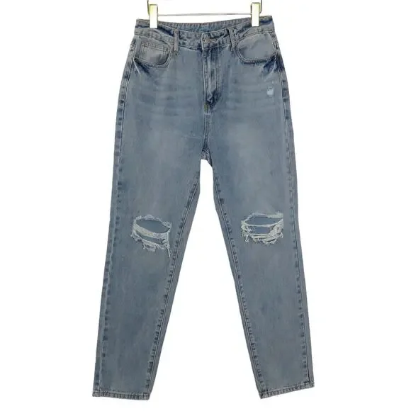 Shein Light Wash High Rise Straight Leg Mom Jeans Ripped Knee Large 30" - Picture 6 of 10